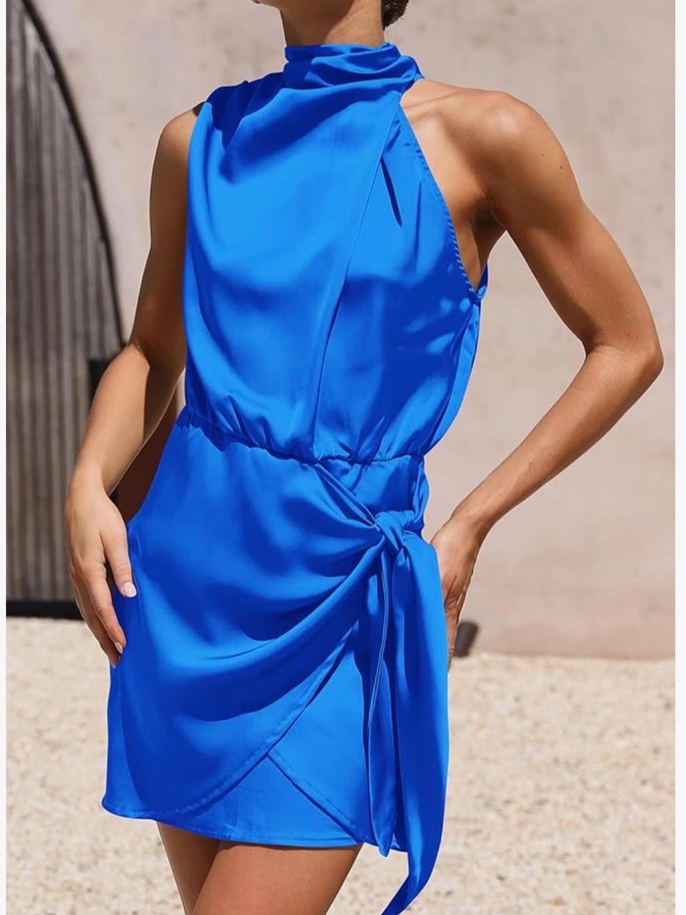 Sleeveless High-Neck Mini Dress in Bright Blue with Side Tie